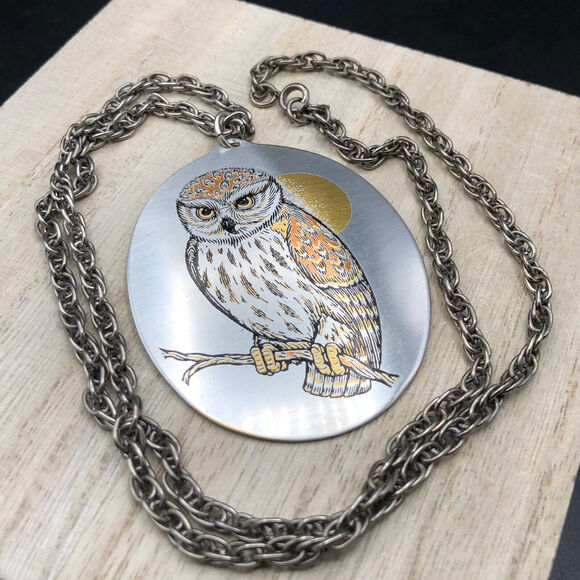 Reed & Barton Necklace 24" Damascene Owl Moon Etched Metal Silver Tone Pendant - Picture 4 of 8